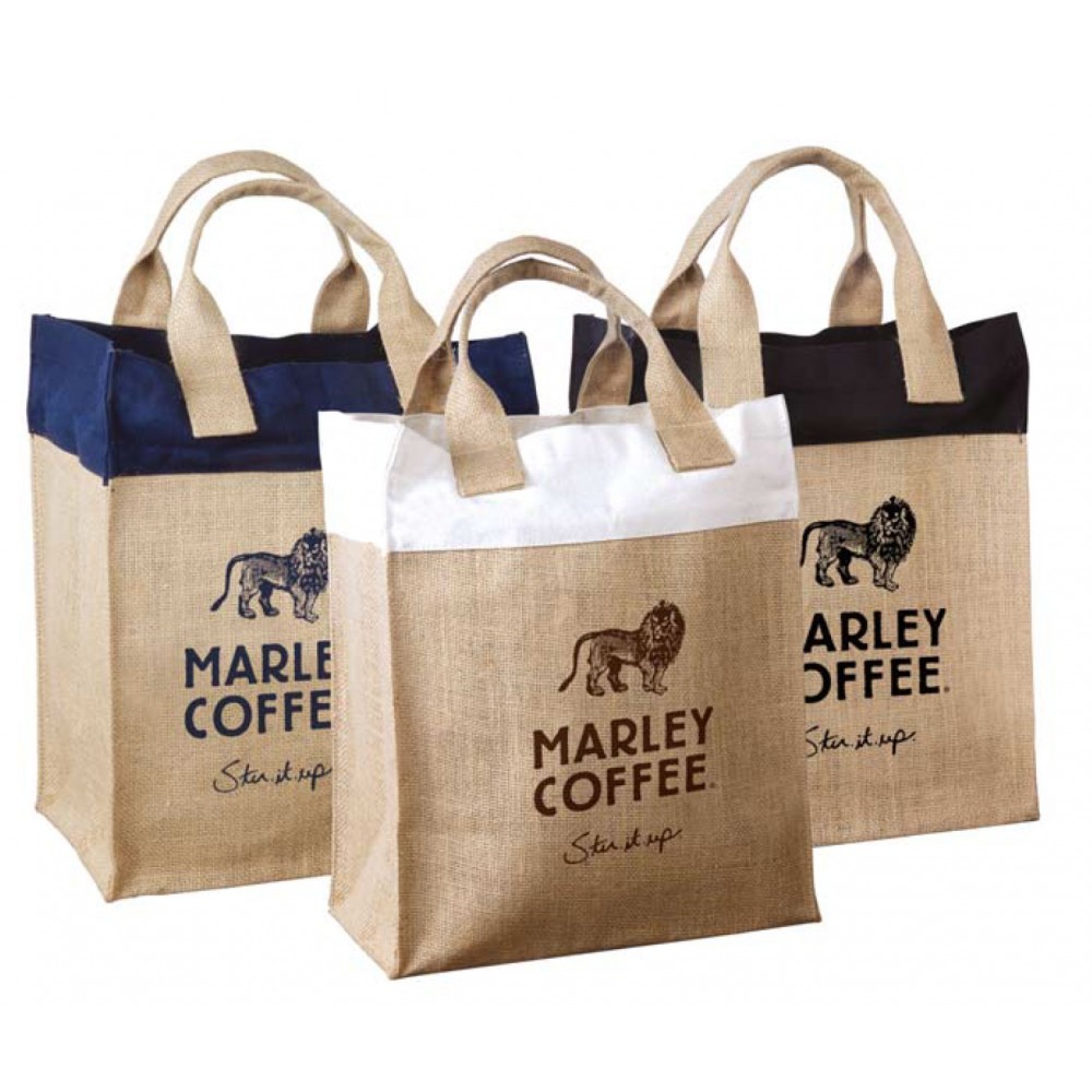 Custom Embroidered Mini Jute Bag with Colored Cotton Trims Custom Embroidered Mini Jute Bag with Colored Cotton Trims