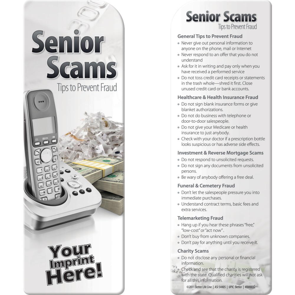 Bookmark - Senior Scams: Tips to Prevent Fraud Logo Printed Bookmark - Senior Scams: Tips to Prevent Fraud Logo Printed