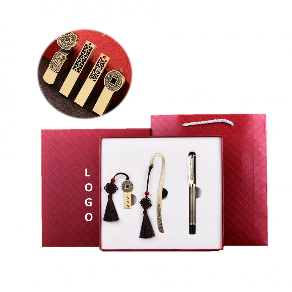 Logo Branded Chinese Style Business Gift Set Usb Drive Bookmark Pen