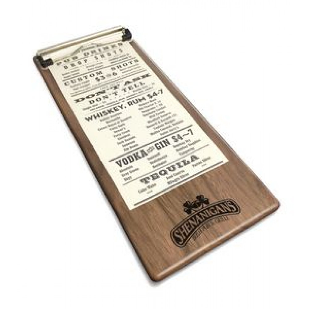 Custom Imprinted 5" x 12" Solid Walnut Menu Board with Clip - 1/4" Thick Custom Imprinted 5" x 12" Solid Walnut Menu Board with Clip - 1/4" Thick