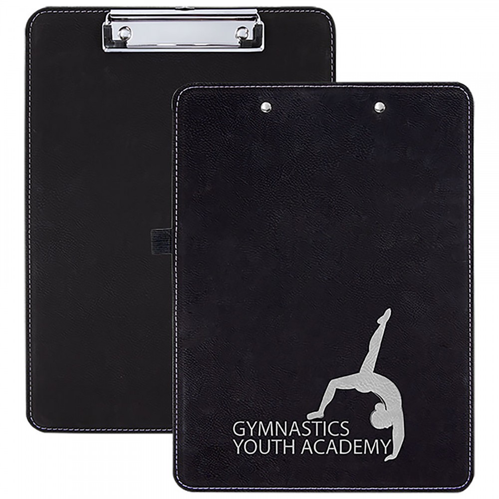 Customized Black-Silver Clipboard with Pen Holder, Laserable Leatherette, 9" x 12-1/2"