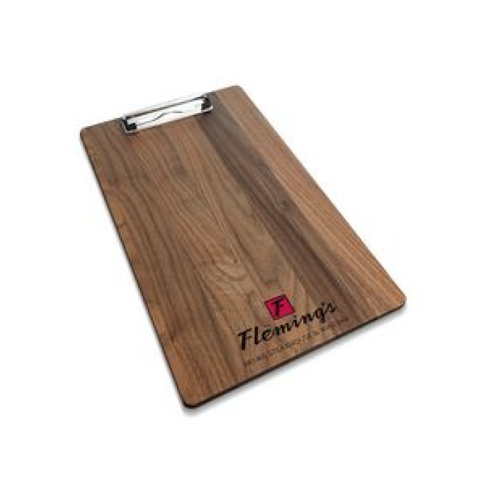Logo Printed 9" x 15" Solid Walnut Menu Board with Clip - 1/2" thick Logo Printed 9" x 15" Solid Walnut Menu Board with Clip - 1/2" thick
