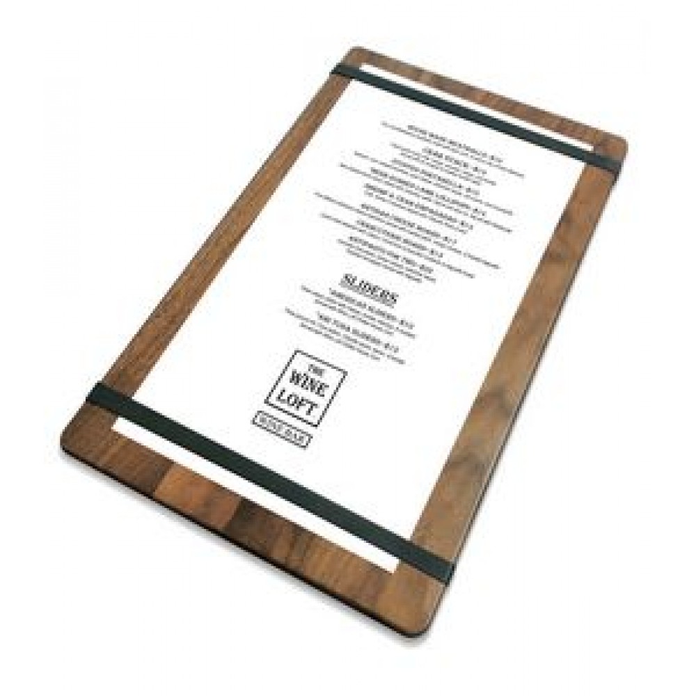 Logo Printed 9" x 15" Solid Walnut Menu Board with 2 Bands - 1/2" thick Logo Printed 9" x 15" Solid Walnut Menu Board with 2 Bands - 1/2" thick