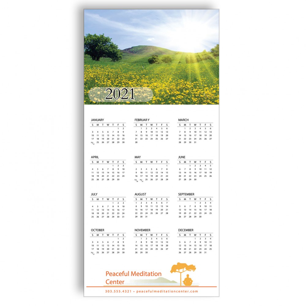 Z-Fold Personalized Greeting Calendar - Sunny Spring Meadow with Logo