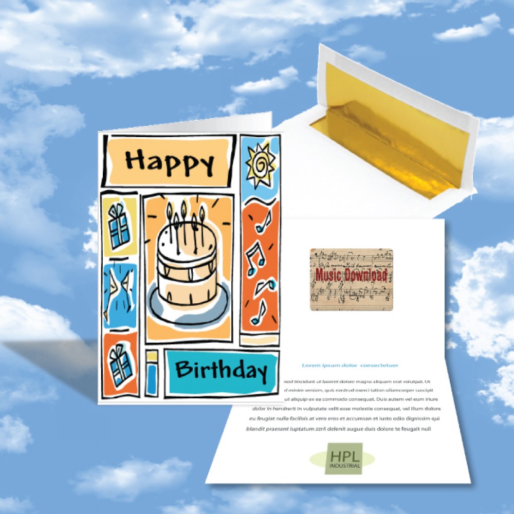 Cloud Nine Birthday Music Download Greeting Card w/ Birthday Cake On Front with Logo