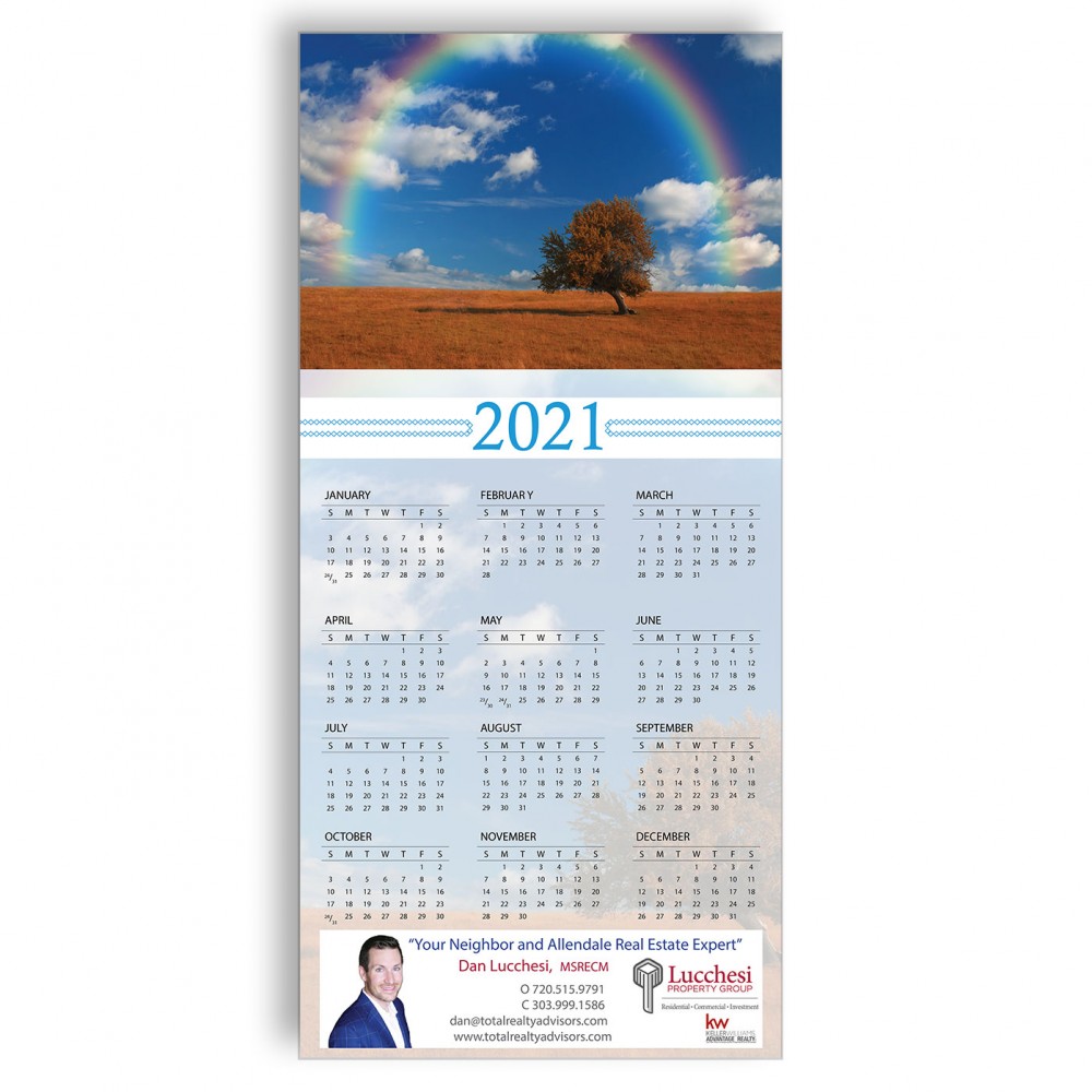 Z-Fold Personalized Greeting Calendar - Rainbow Meadow with Logo