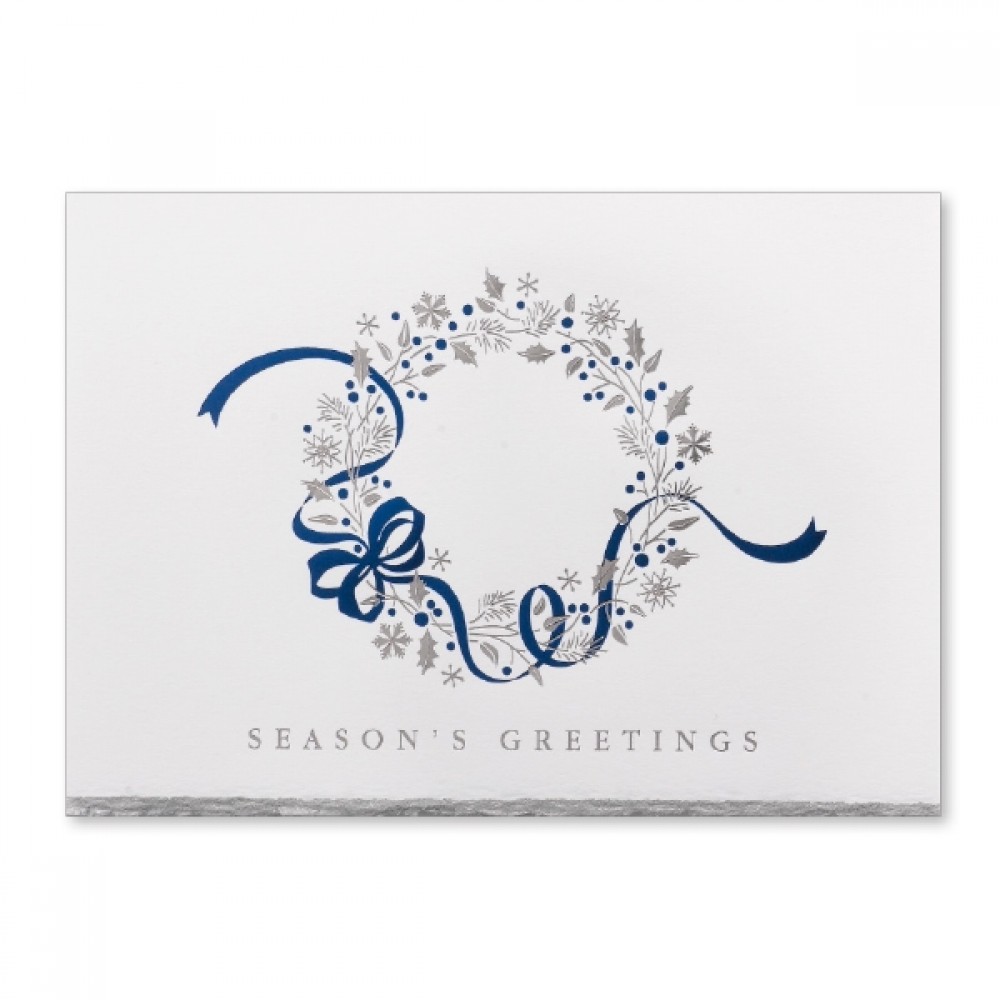 Blue Ribbon Wreath Holiday Card Logo Printed