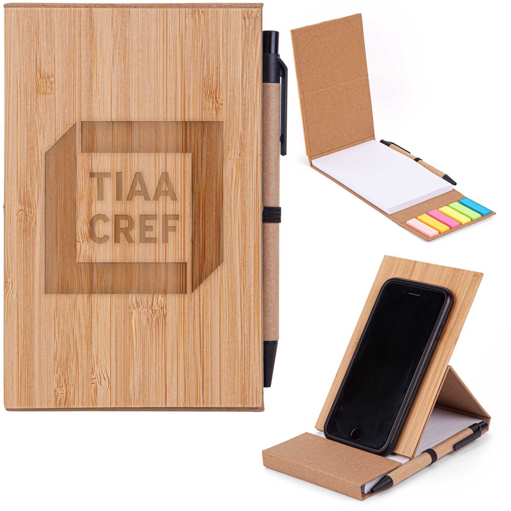 Promotional 4x6 Bamboo Phone Holder Notepad & Pen Set with Sticky Notes