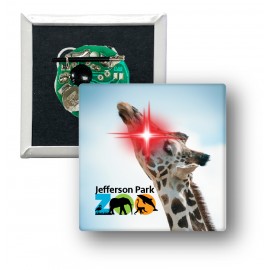 Logo Branded 2" Square Celluloid Button with a Red Flashing LED Light  Logo Branded 2" Square Celluloid Button with a Red Flashing LED Light