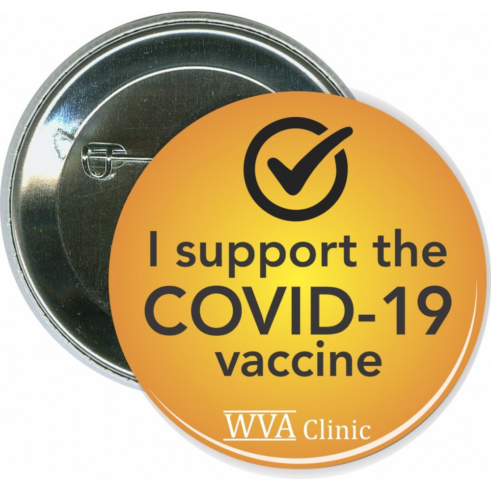 I support the COVID-19 vaccine-orange, Coronavirus - 2 1/4 Inch Round Button with Logo