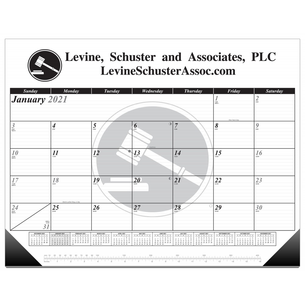 Branded 22" x 17"- 13 month desk calendar one color form one/color art with Leatherette corners.