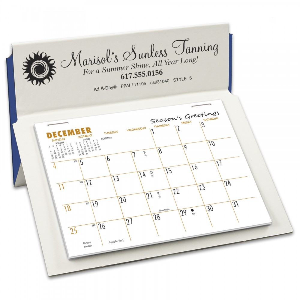Logo Printed 5 Rite-A-Dex Mini Memo Desk Calendar, White/Lapis Blue Logo Printed 5 Rite-A-Dex Mini Memo Desk Calendar, White/Lapis Blue