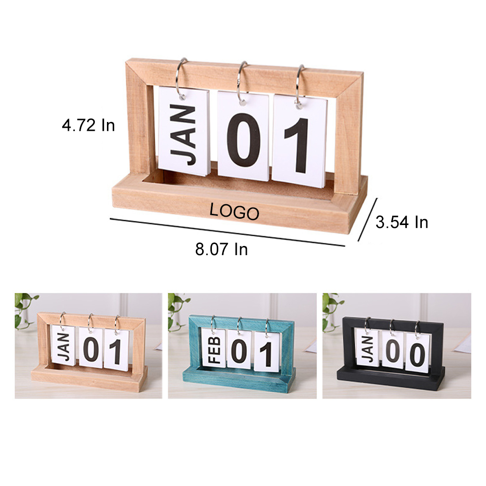 Custom Imprinted 2025 Custom Wood Portable Monthly Flipped Desk Calendar w/Date Cards 8"x4 3/4"