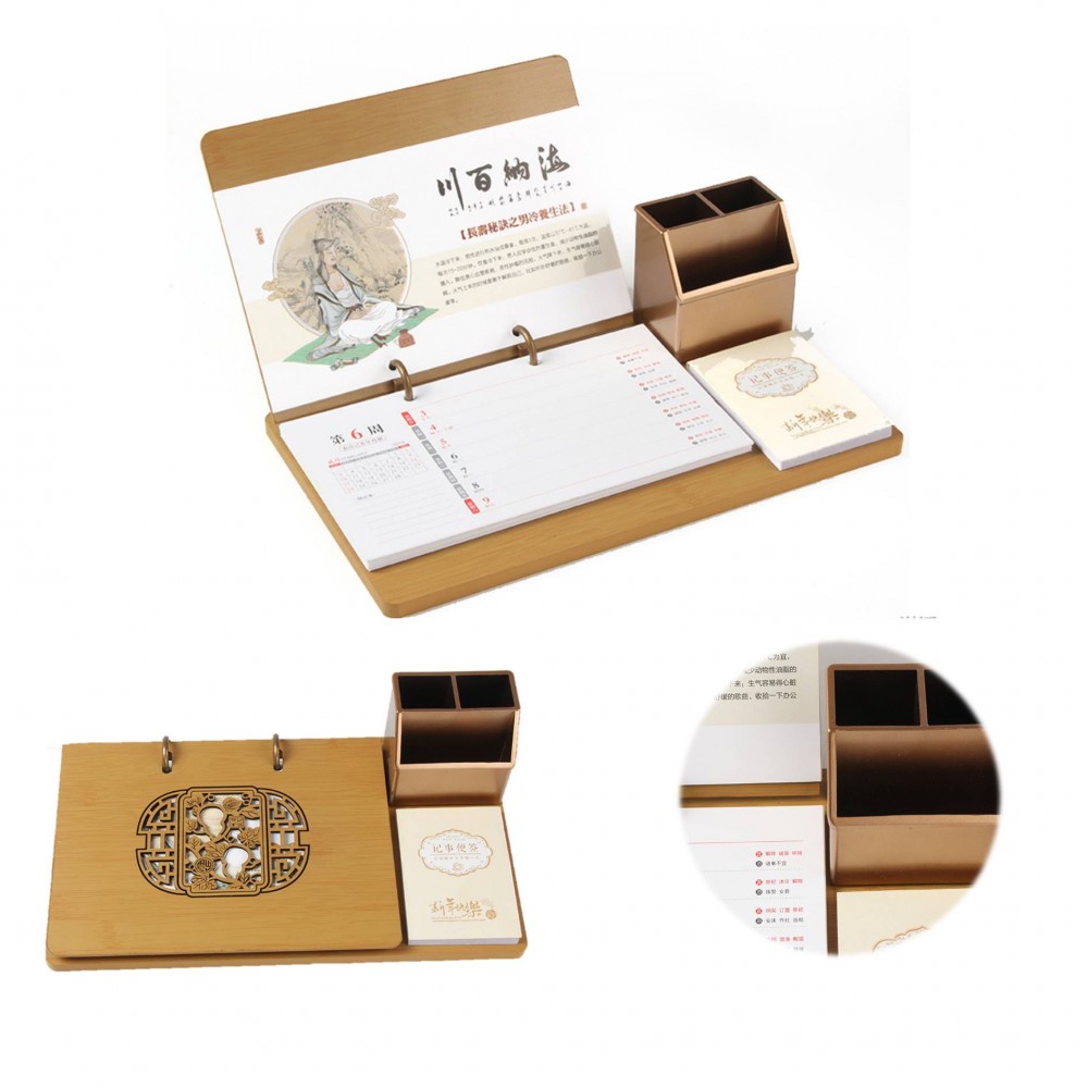 Wooden Notepad Desk Calendar With Pen Holder Branded