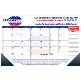 Logo Printed 17" x 11" 13 month desk calendar one color form, two color art with Leatherette corners.