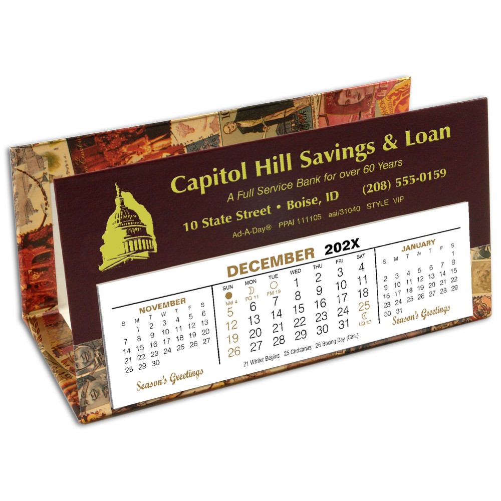 VIP Deskretary Paper Holder Desk Calendar Maroon/Gold Stamps Custom Imprinted VIP Deskretary Paper Holder Desk Calendar Maroon/Gold Stamps Custom Imprinted