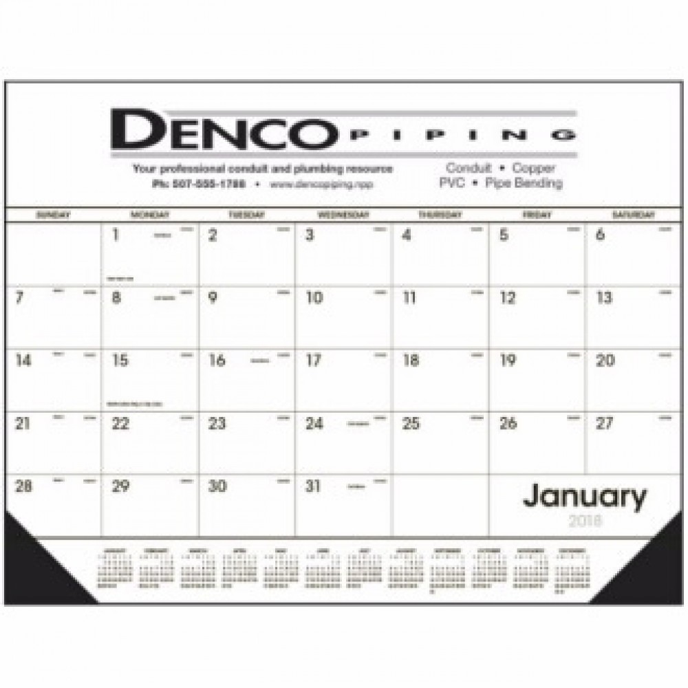Logo Printed Triumph Black & White Desk Pad Calendar w/Vinyl Corners Logo Printed Triumph Black & White Desk Pad Calendar w/Vinyl Corners