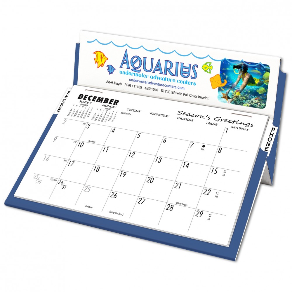 SR Rite-A-Date Desk Calendar, White/Lapis Blue, Full Color Imprint Logo Printed SR Rite-A-Date Desk Calendar, White/Lapis Blue, Full Color Imprint Logo Printed