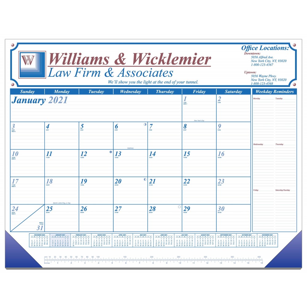 Custom Imprinted 22" x 17"- 13 month desk calendar one color form/three color art with Leatherette corners.