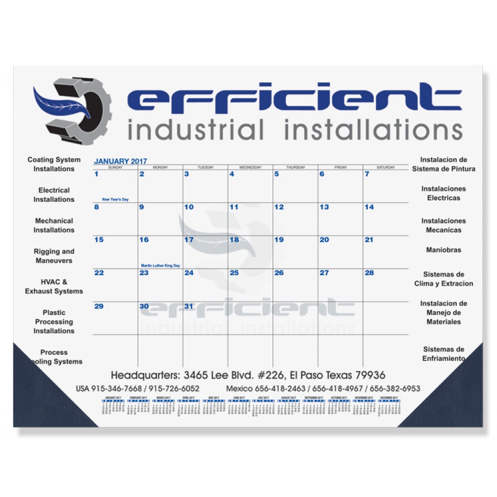 Logo Printed Blue & Black 13-Month Calendar Desk Pad w/One Color Imprint (21"x17")