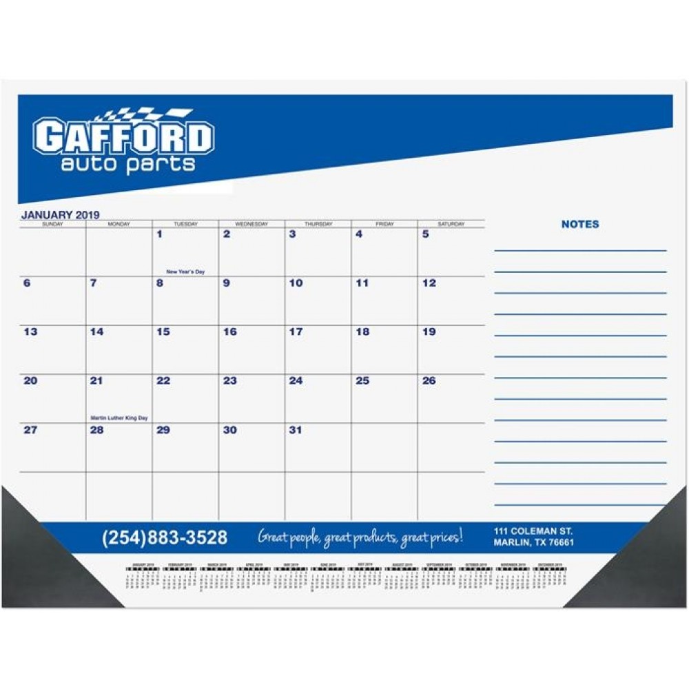 Blue & Black Calendar Desk Pad w/Side Note Lines & Two Color Imprint (21"x17") Logo Printed