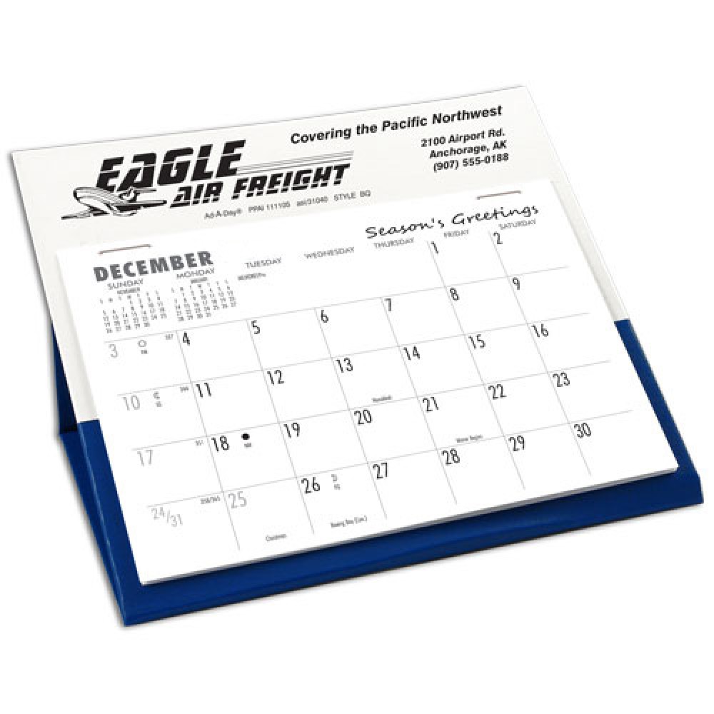 Branded BQ Deskretary Desk Calendar with Organizer Base, White/Lapis Blue