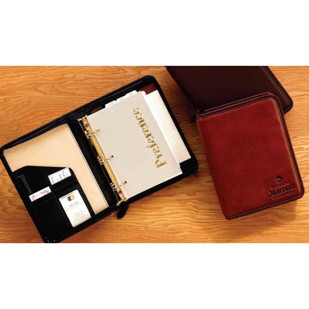Aniline Glazed Calfskin Zippered Organizer W/ 3 Rings Custom Printed Aniline Glazed Calfskin Zippered Organizer W/ 3 Rings Custom Printed