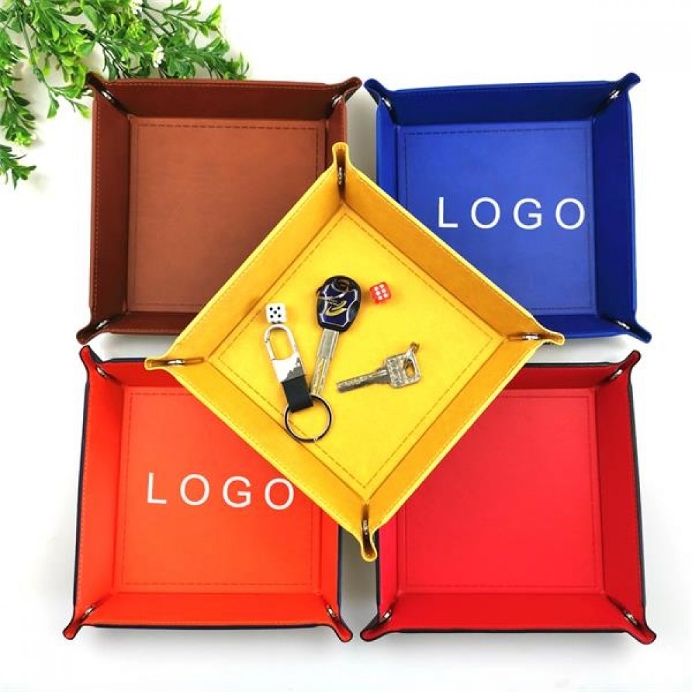 Branded PU Leather Collapsible Desk Sundries Storage Tray