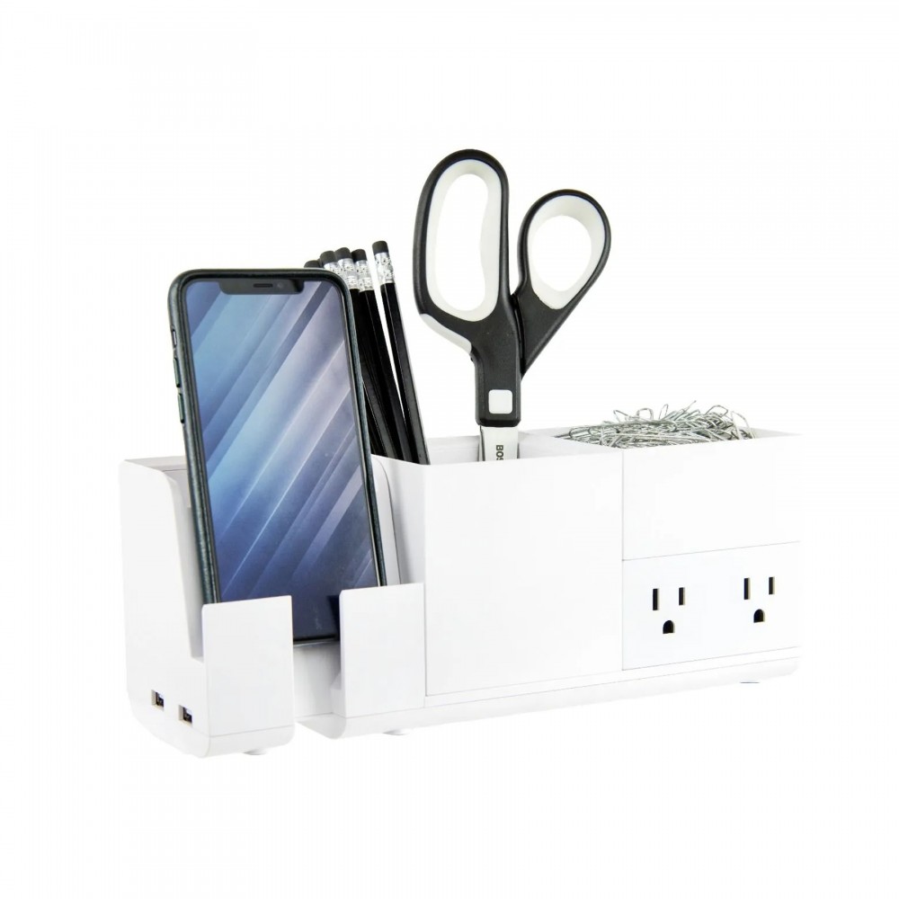 Goods IQ Konnect Stackable Desk Organizer + Power Station, 4 Piece, White Custom Printed