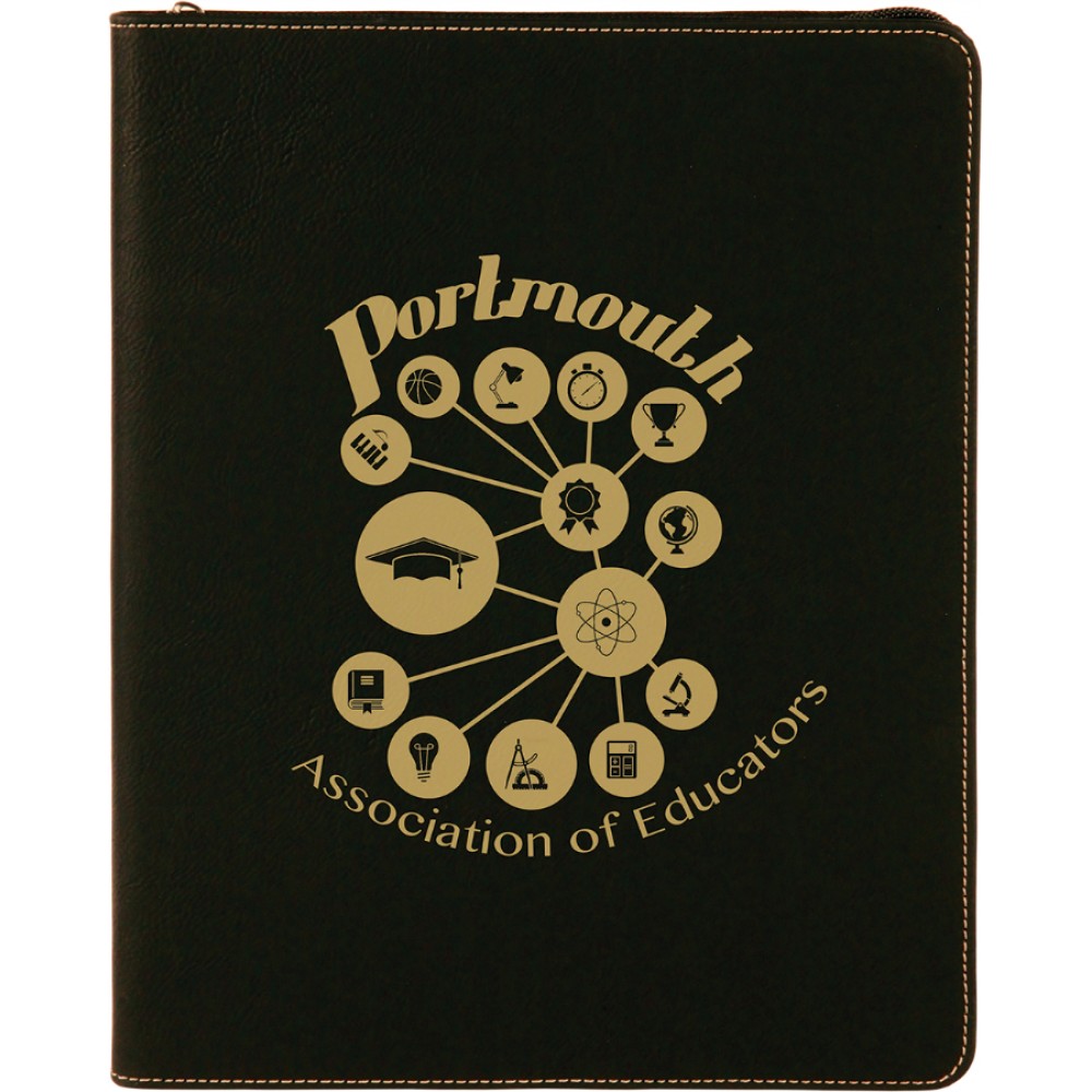 Branded 9 1/2" x 12" Black/Gold with Zipper Laserable Leatherette Portfolio with Notepad Branded 9 1/2" x 12" Black/Gold with Zipper Laserable Leatherette Portfolio with Notepad