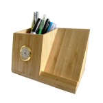 10 W Bamboo Wireless Charger Organizer with Clock with Logo