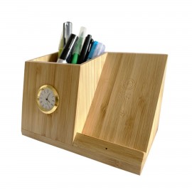 Custom Imprinted 10 W Bamboo Wireless Charger Organizer with Clock
