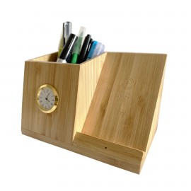 10 W Bamboo Wireless Charger Organizer with Clock with Logo  10 W Bamboo Wireless Charger Organizer with Clock with Logo