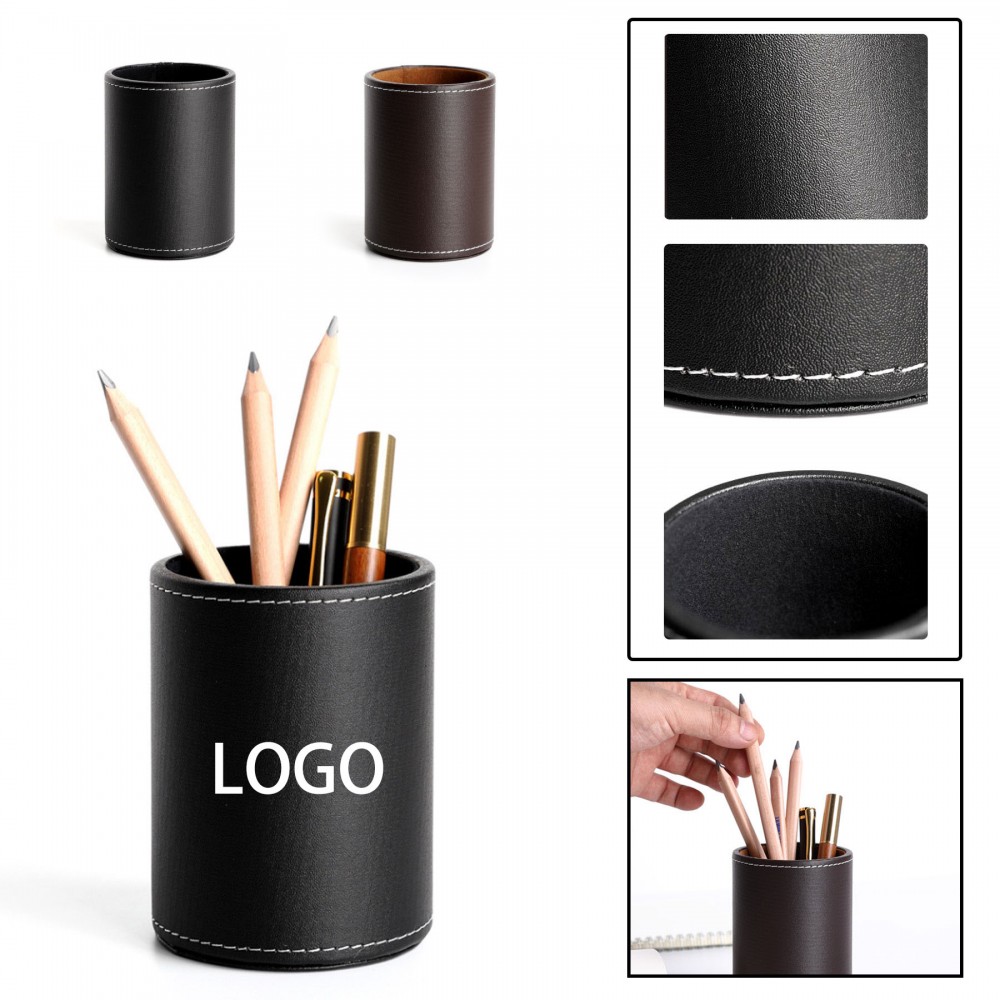 Black PU Leather Round Pen Pencil Holder Logo Printed