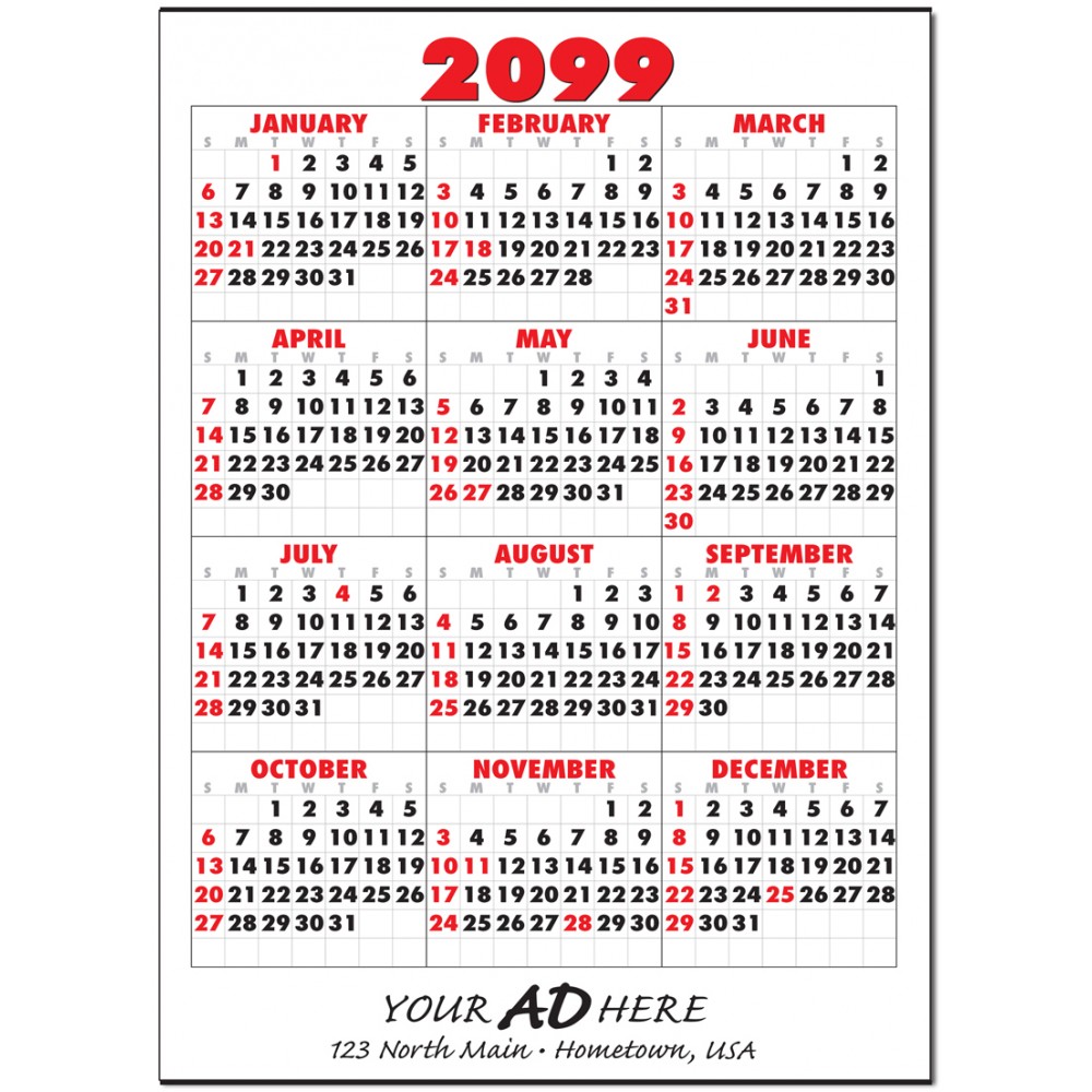 Jumbo Yearly View Commercial Wall Calendar w/ Bottom Ad Custom Imprinted