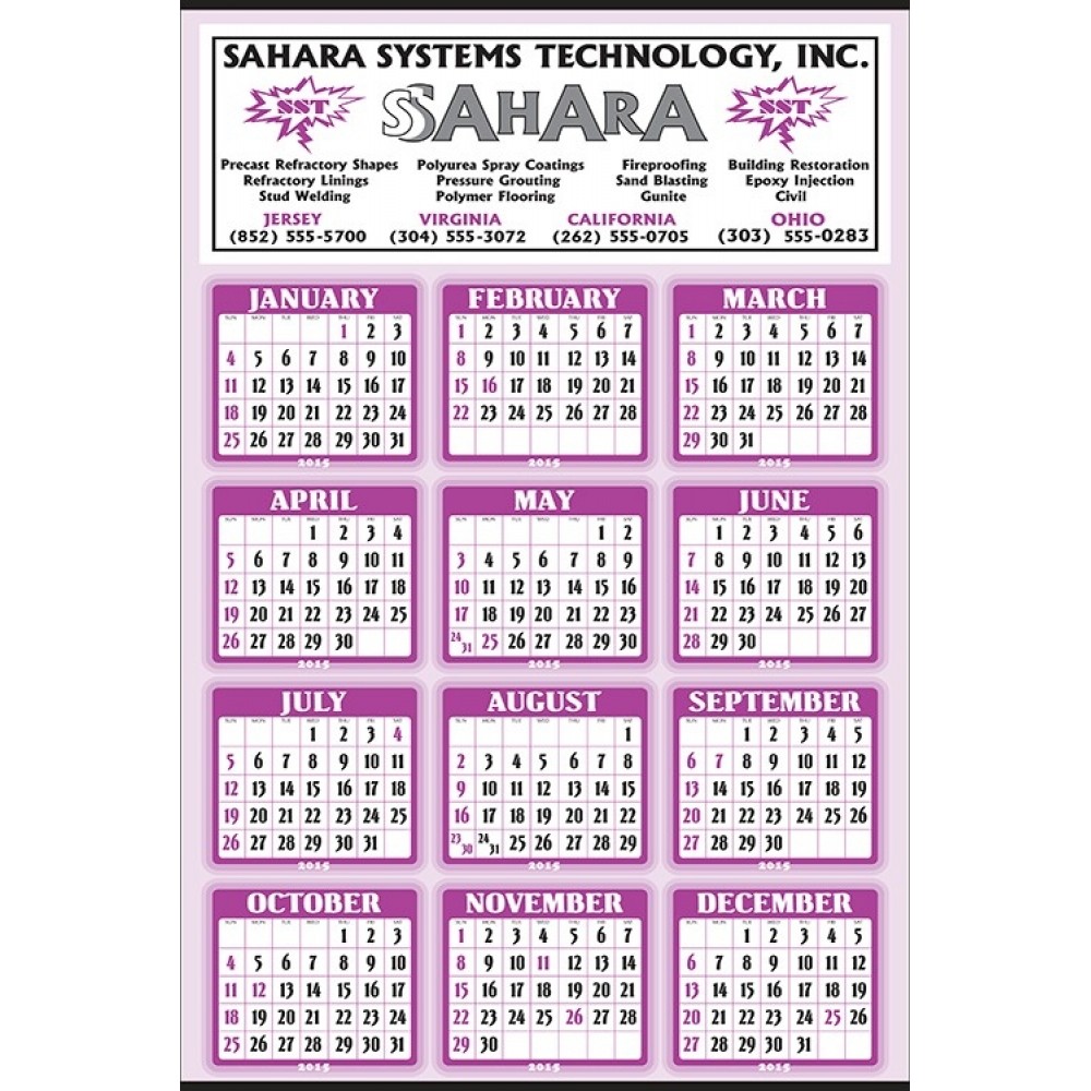 Logo Printed Yearly Calendar w/Color Combination & Large Ad Area w/Memo Space