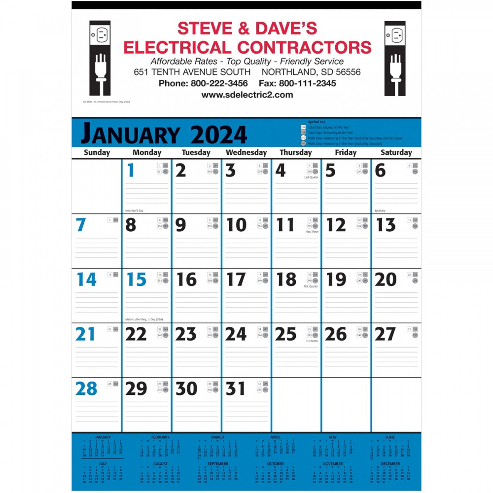 Commercial Planner Wall Calendar - Blue & Black: 2024, 2+ Imprint Colors Custom Printed