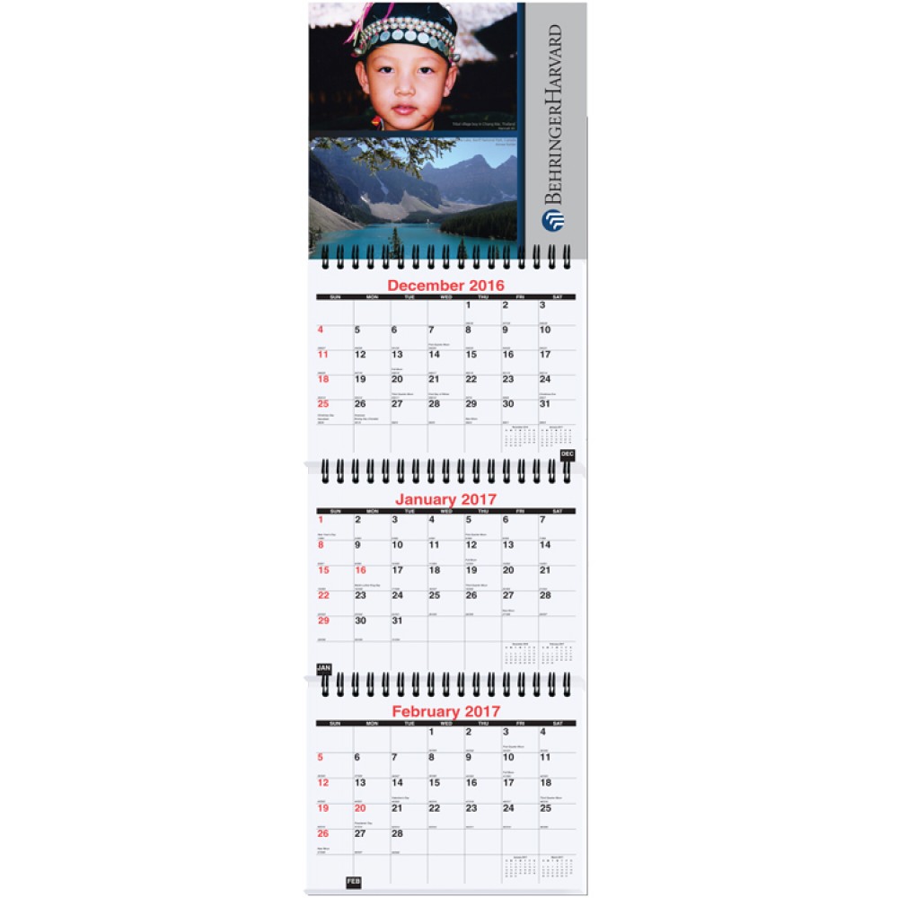 Large Three Month At A Glance Calendar (10"x33") Logo Printed