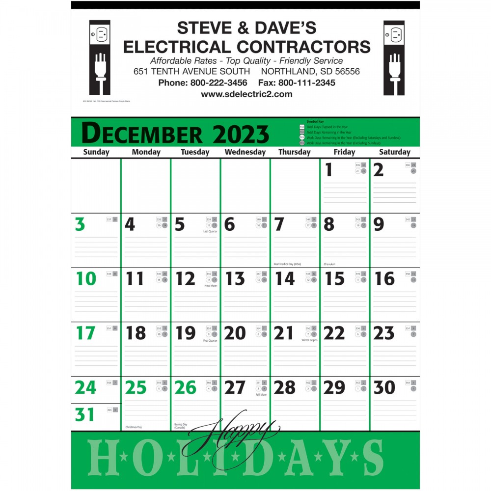 Commercial Planner Wall Calendar - Green & Black: 2024, 1 Color Imprint Logo Printed
