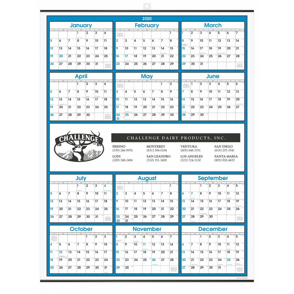Personalized Blue Border Modern Yearly Calendar w/Center Imprint
