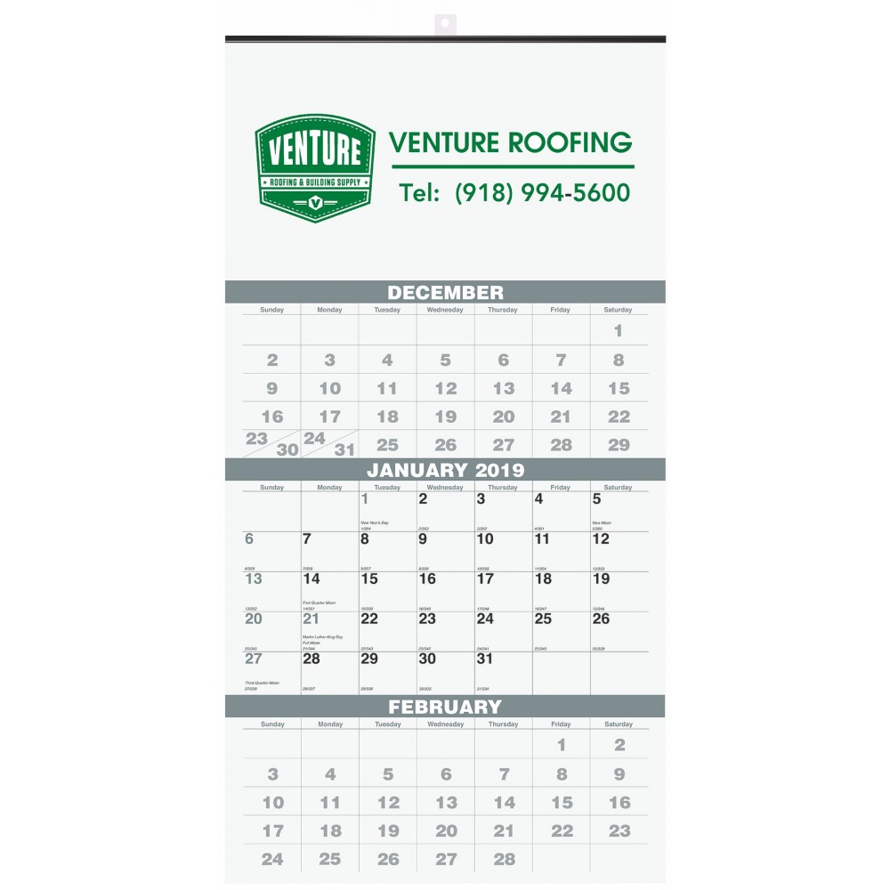 Personalized Three Month At A Glance Wall Calendar w/1 Color Imprint (12"x25")
