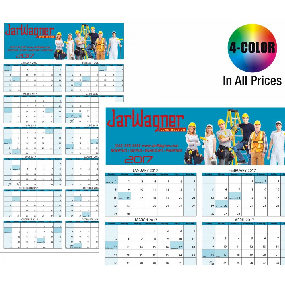 Logo Printed Wall Calendar: Jumbo Size Year-At-A-Glance, Dry Eraser Friendly, 4-Color Custom Graphics Included