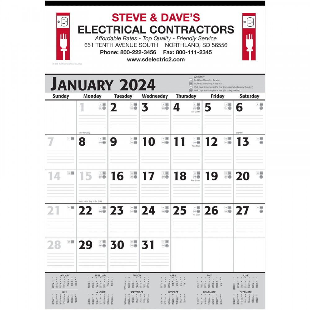 Personalized Commercial Planner Wall Calendar - Grey & Black: 2024, 2+ Imprint Colors