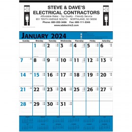 Logo Printed Commercial Planner Wall Calendar - Blue & Black: 2024, 1 Color Imprint