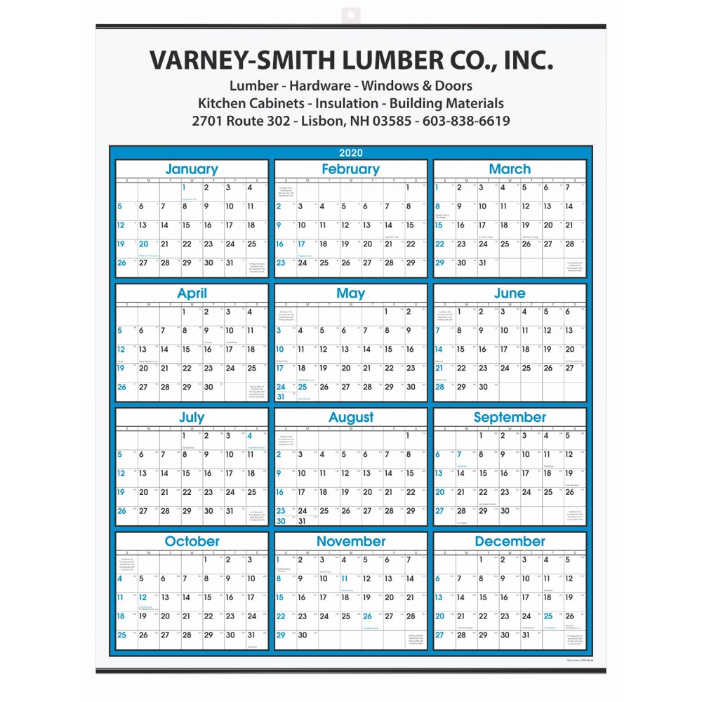 Personalized Blue Border Modern Yearly Calendar w/Top Imprint