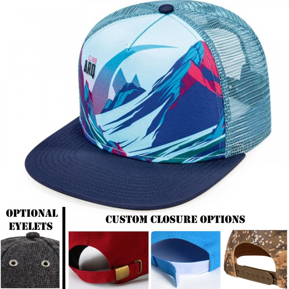 Customized Flat bill trucker mesh cap w/ sublimated crown