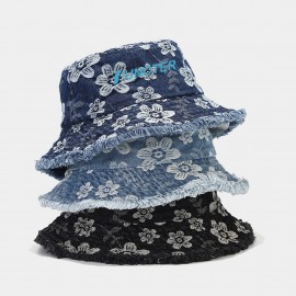 Logo Branded Flower Distressed Denim Jean Bucket Hat Sun Hat