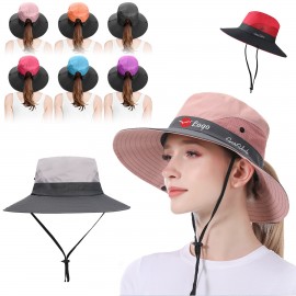 Women's Wide Brim Ponytail Bucket Hat with Logo