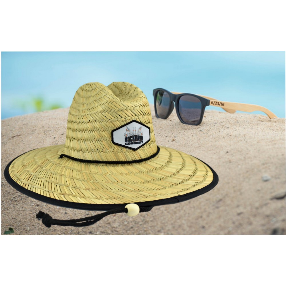 Logo Branded Straw Hat With Seti Bamboo Sunglasses Gift Set