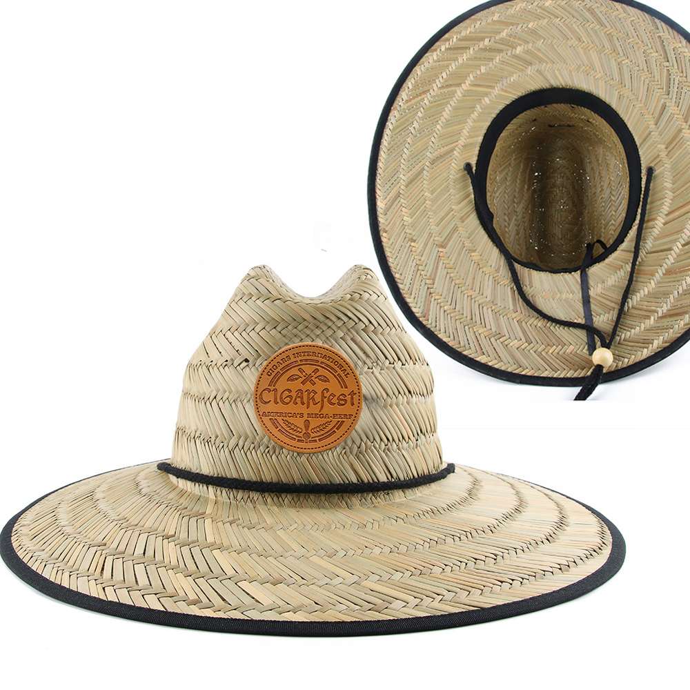 Leather Patch Wide Brim Summer Outdoor Lifeguard Straw Hat with Logo Leather Patch Wide Brim Summer Outdoor Lifeguard Straw Hat with Logo